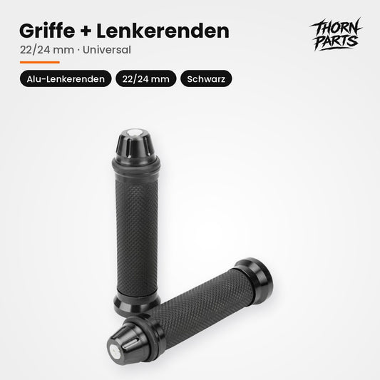 Motorrad Griffe Lenkergriffe Griffgummis + Lenkerenden Schwarz 22/24mm UNIVERSAL