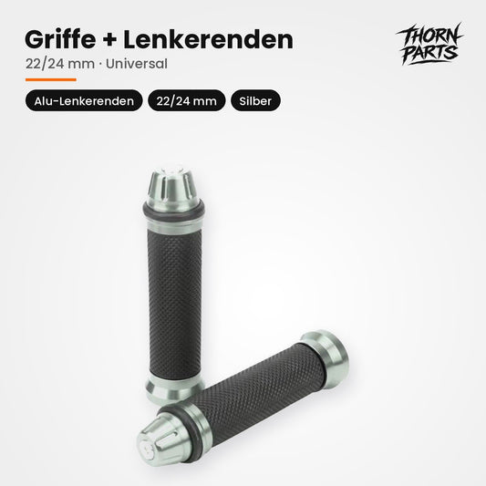 Motorrad Griffe Lenkergriffe Griffgummis + Lenkerenden Silber 22/24mm UNIVERSAL