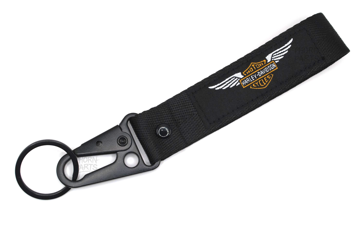 Schlüsselanhänger Harley-Davidson Motorrad schwarz orange Stoff Karabiner